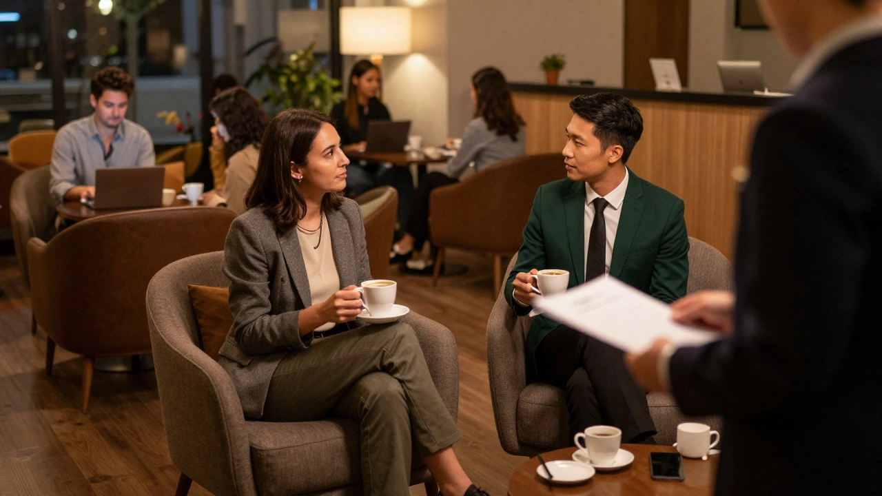 Professionals networking in a warm, sophisticated hotel lounge setting