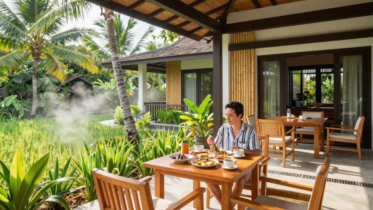 Spacious villa with tropical garden view in Southeast Asia during sunny day.