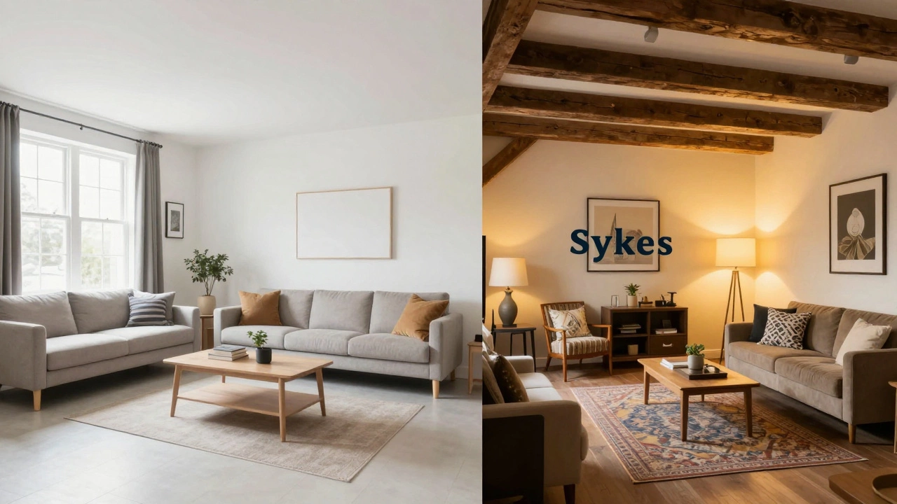 Split view comparing modern standard vs rustic unique interiors
