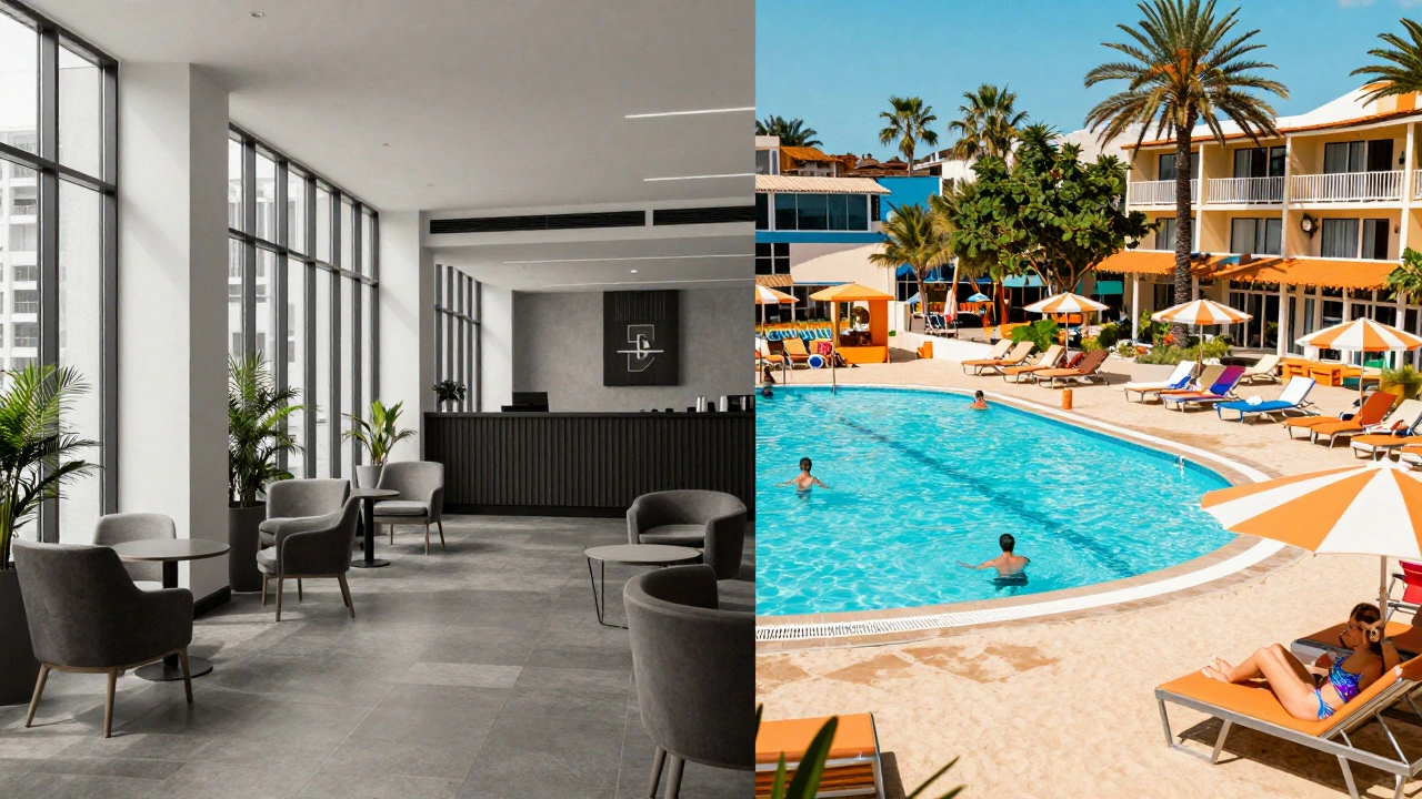 Split view comparing quiet business hotel and busy beach resort atmospheres