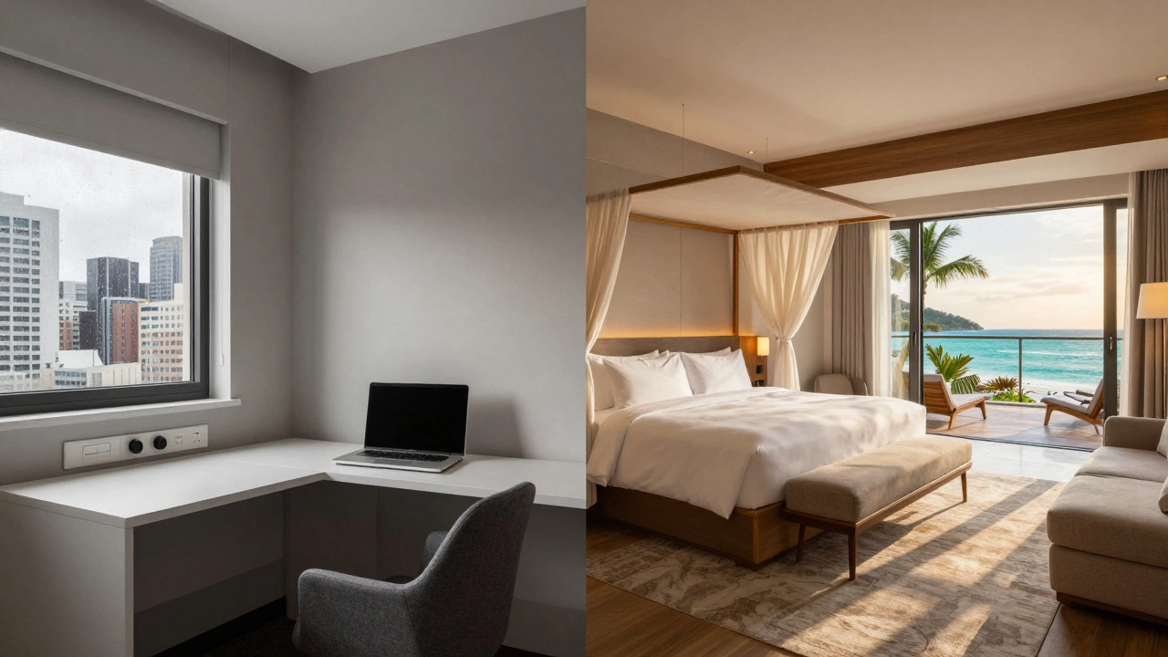 Split view of a functional business hotel room and a luxurious resort suite with ocean views.