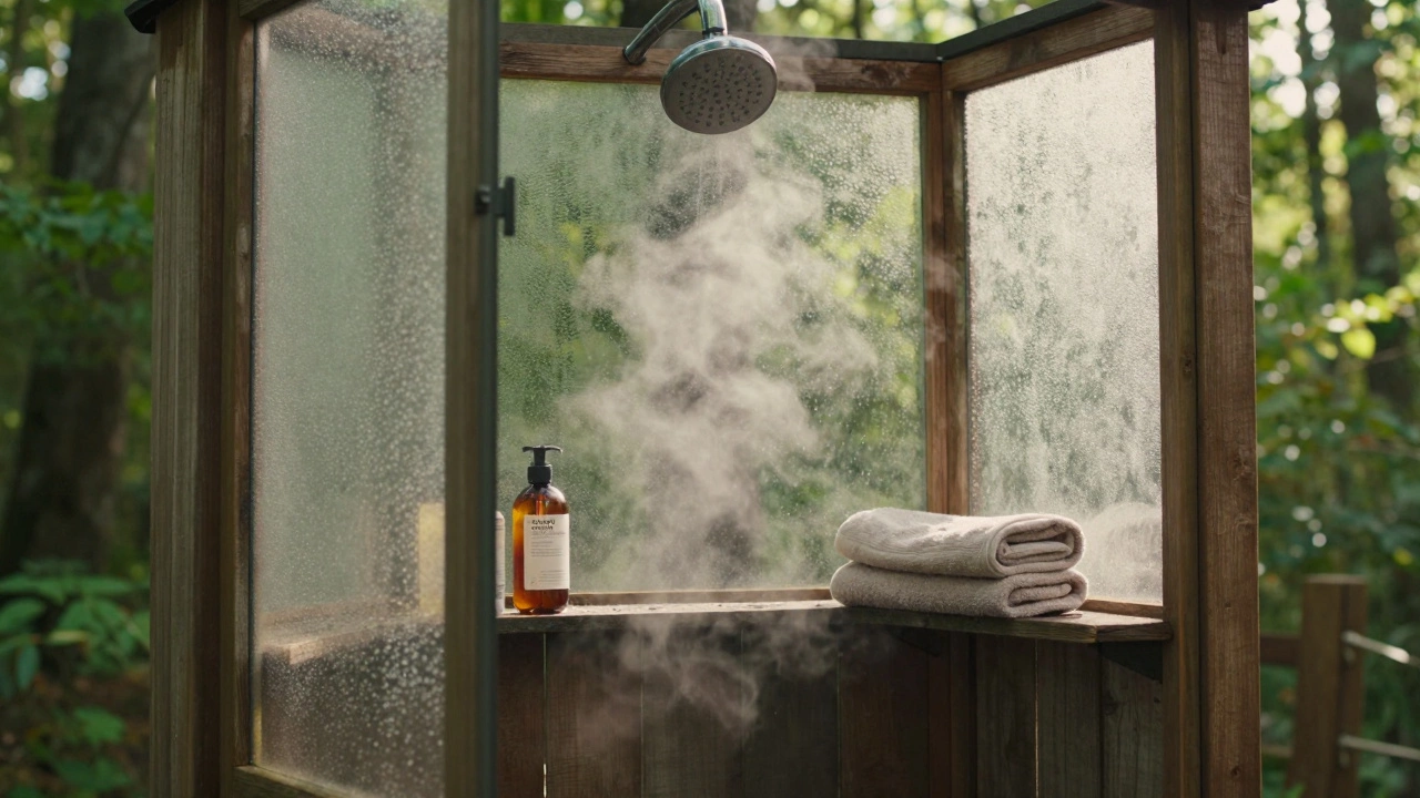Steamy outdoor glass shower enclosure in a forest setting