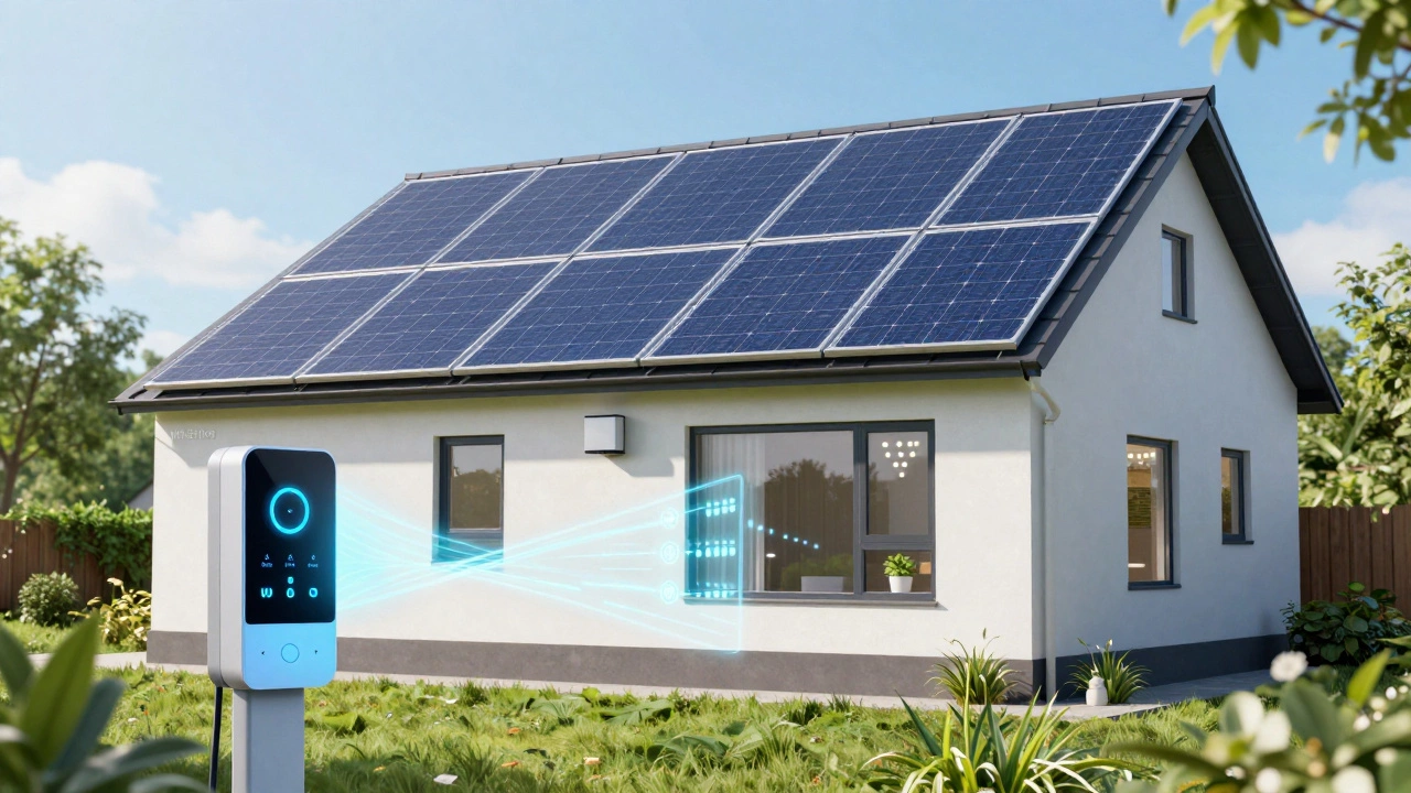 Sunny house with solar panels representing a net-zero energy home design.