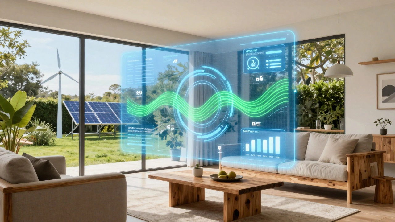 Bright living room with holographic energy dashboard and view of solar garden