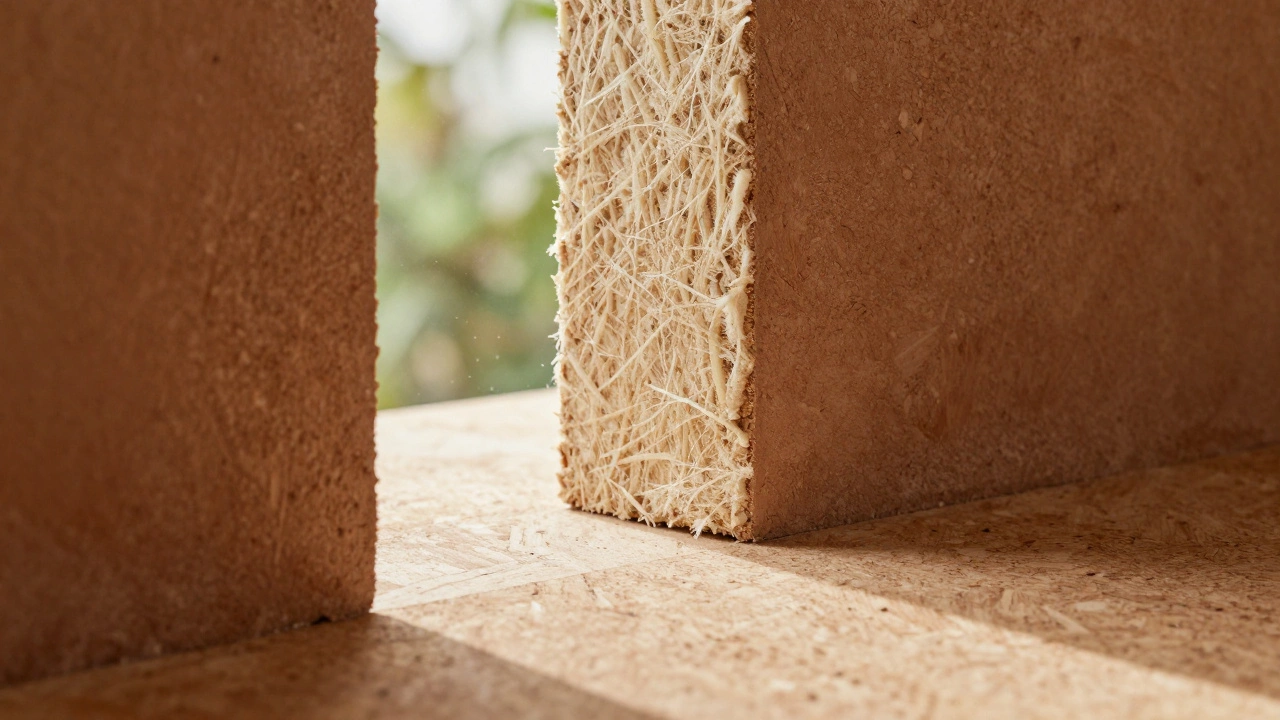 Close-up of rammed earth walls, cork floors, and hempcrete insulation textures
