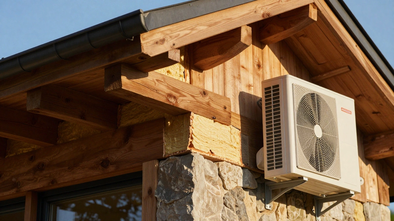 Close-up of sustainable building materials and heat pump on eco-cottage
