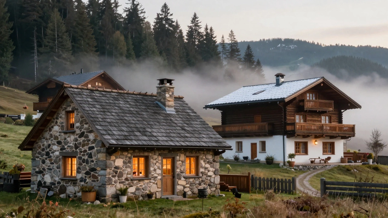 Comparison of cozy stone cottage, rugged log cabin, and alpine chalet in mist