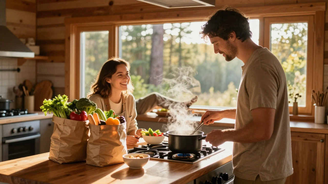 Couple cooking in a sunny cabin kitchen to save on food costs