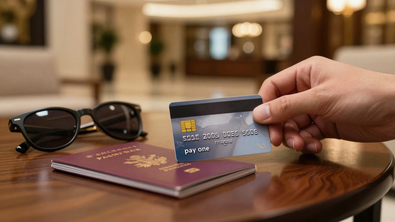 Credit card and passport on a desk in a luxury hotel lobby