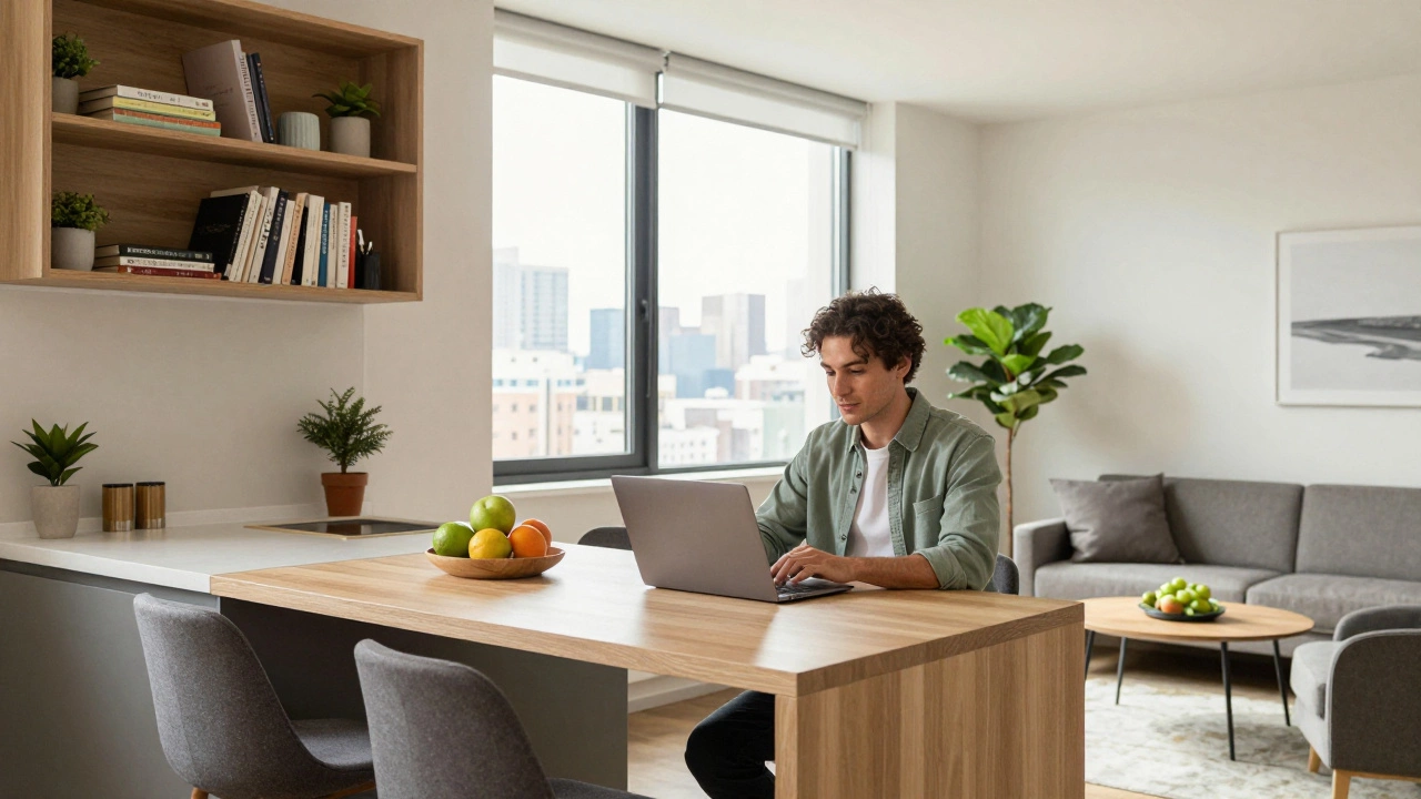 Digital nomad working in a bright, fully equipped serviced apartment
