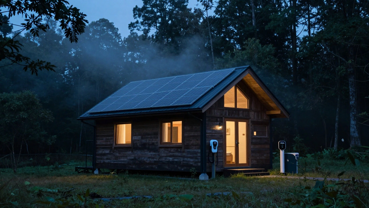 Eco-friendly cottage in forest at twilight with solar panels
