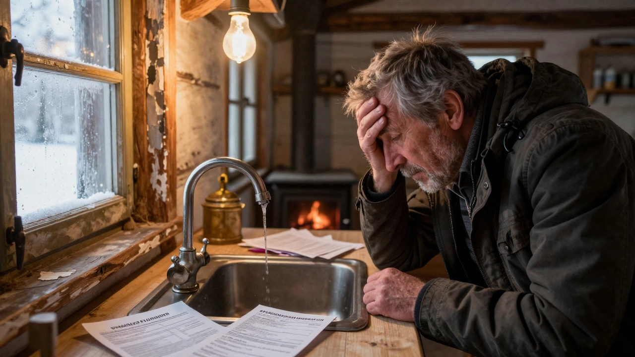 Frustrated traveler in old cottage kitchen with bills and leaking tap
