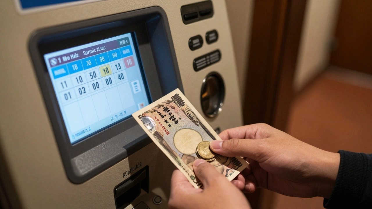 Hand holding Japanese Yen near an automated payment kiosk