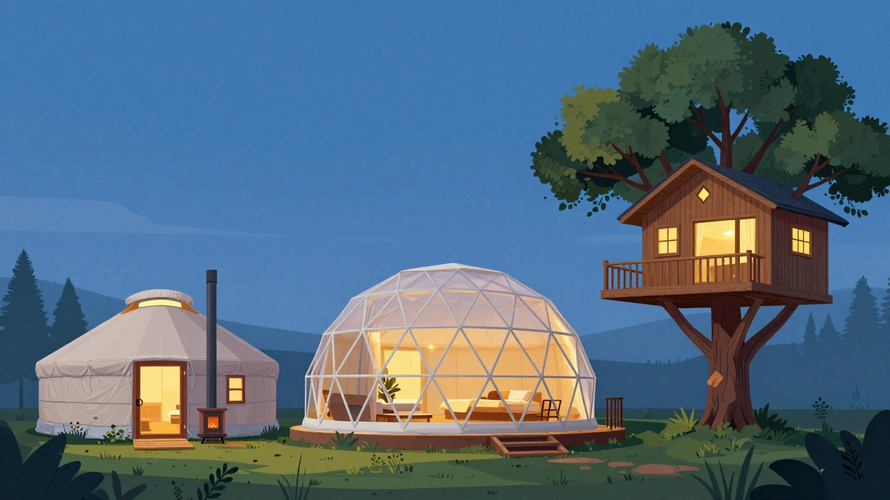 Illustration comparing yurts, geodesic domes, and treehouses at twilight