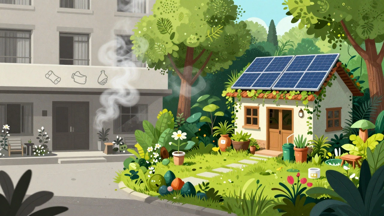 Illustration contrasting fake green hotels with authentic sustainable stays