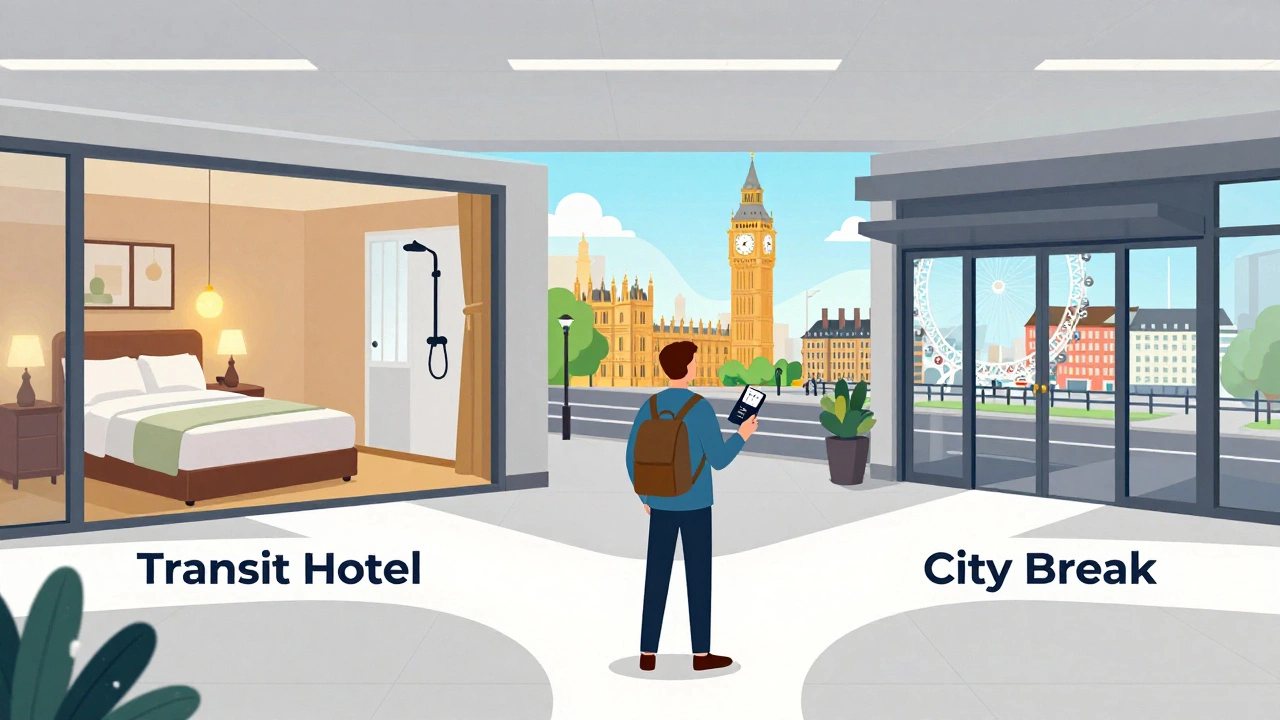 Illustration of traveler choosing between airport hotel and city tour