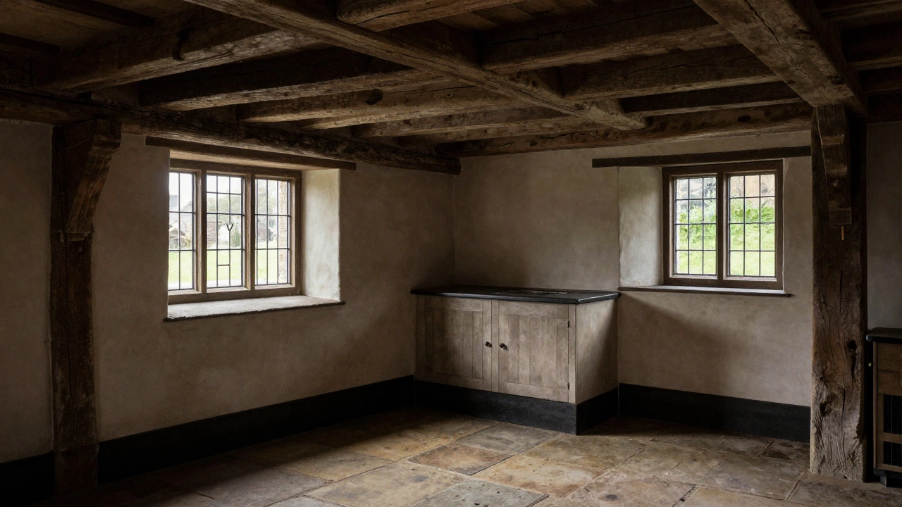 Interior details of authentic cottage with timber beams