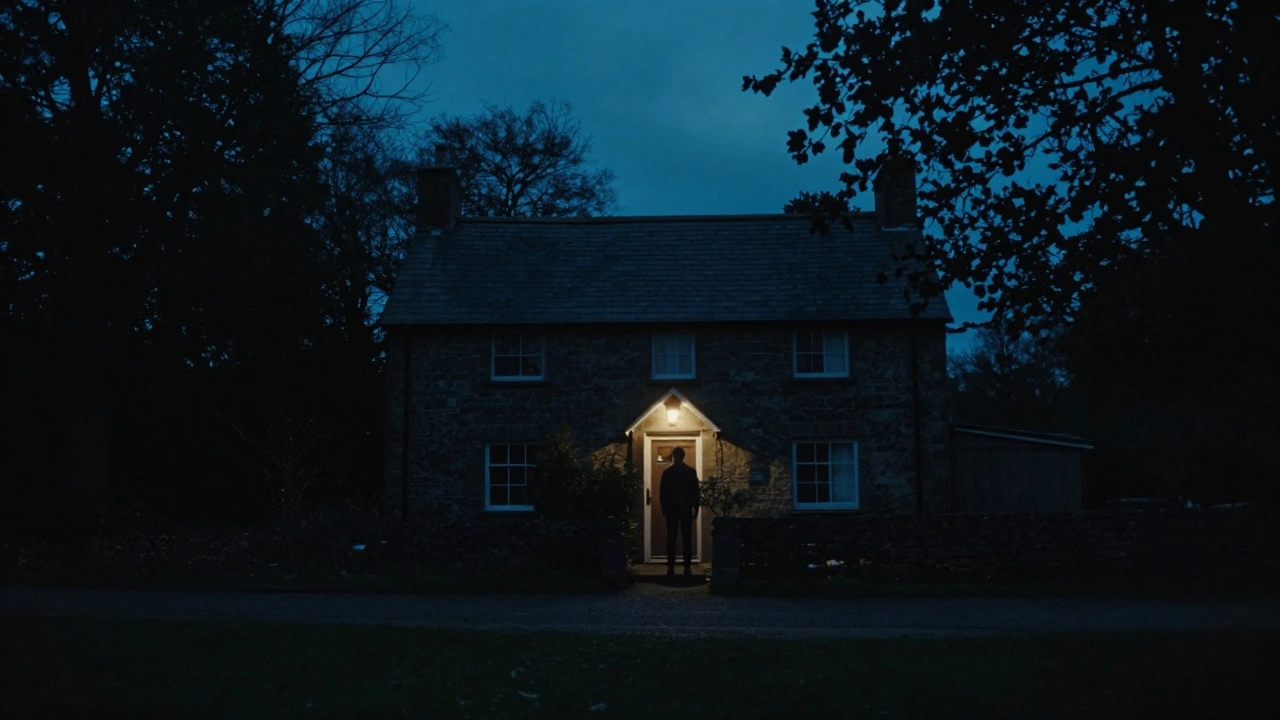 Lonely figure standing outside dark, isolated cottage at night