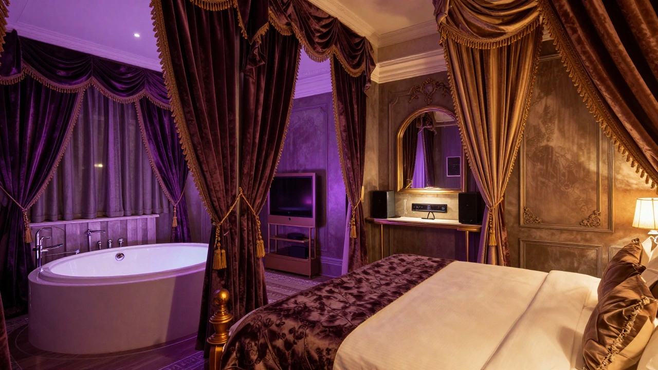Luxurious themed love hotel suite with jacuzzi and mood lighting