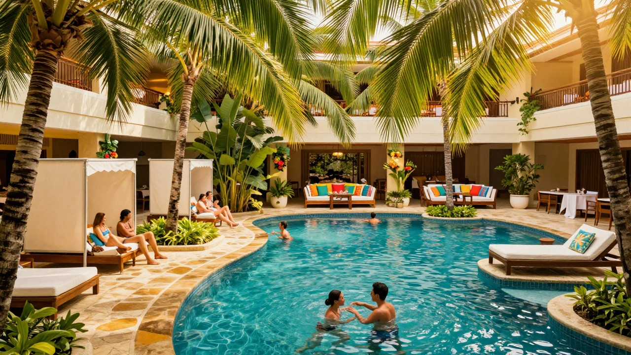 Luxurious tropical resort pool area with lush gardens and guests relaxing