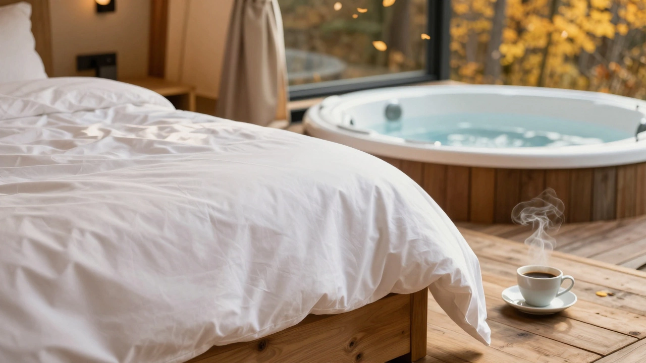 Luxury glamping interior with plush bedding and a private hot tub outdoors