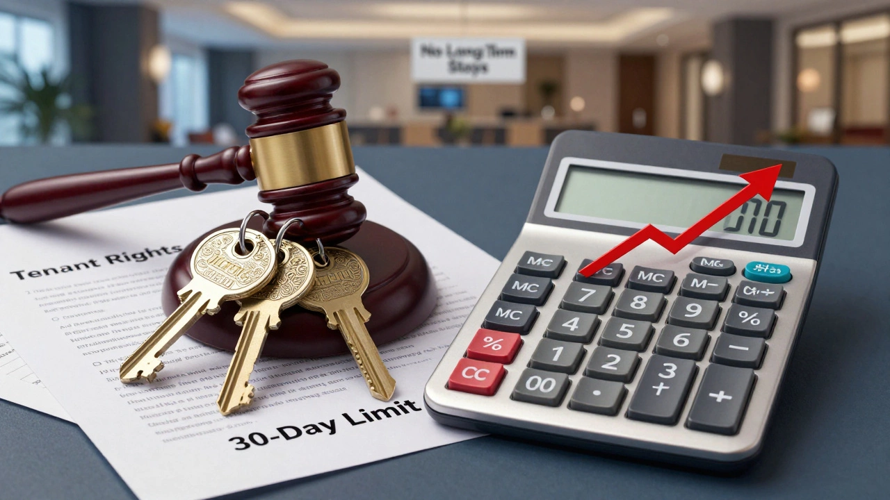 Metaphorical image of hotel keys turning into legal gavel and cost calculator