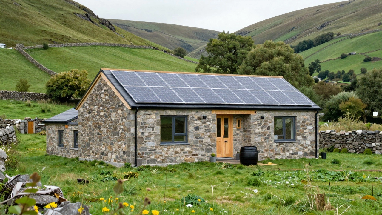 Modern eco-cottage with solar panels nestled in lush green UK countryside