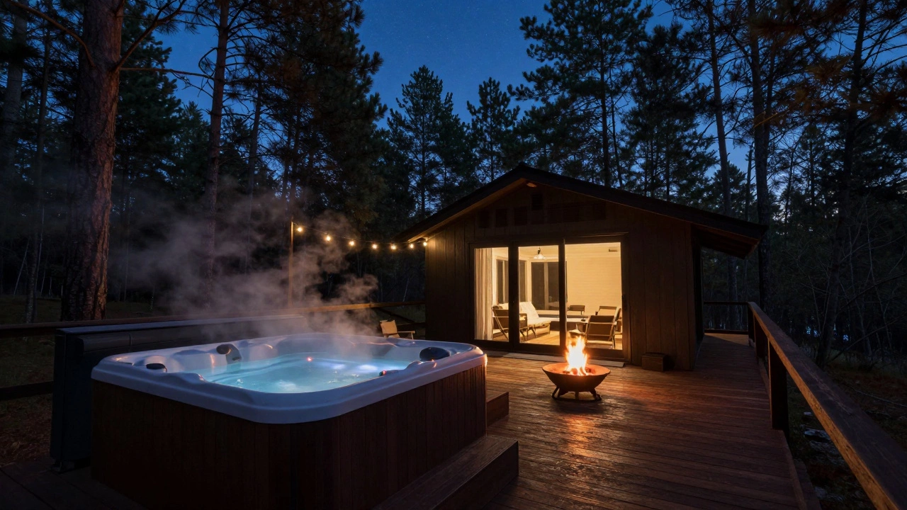 Secluded cabin with hot tub under starry night sky