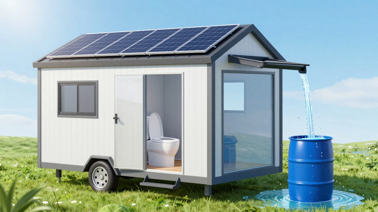 Solar panels and rainwater harvesting on tiny house