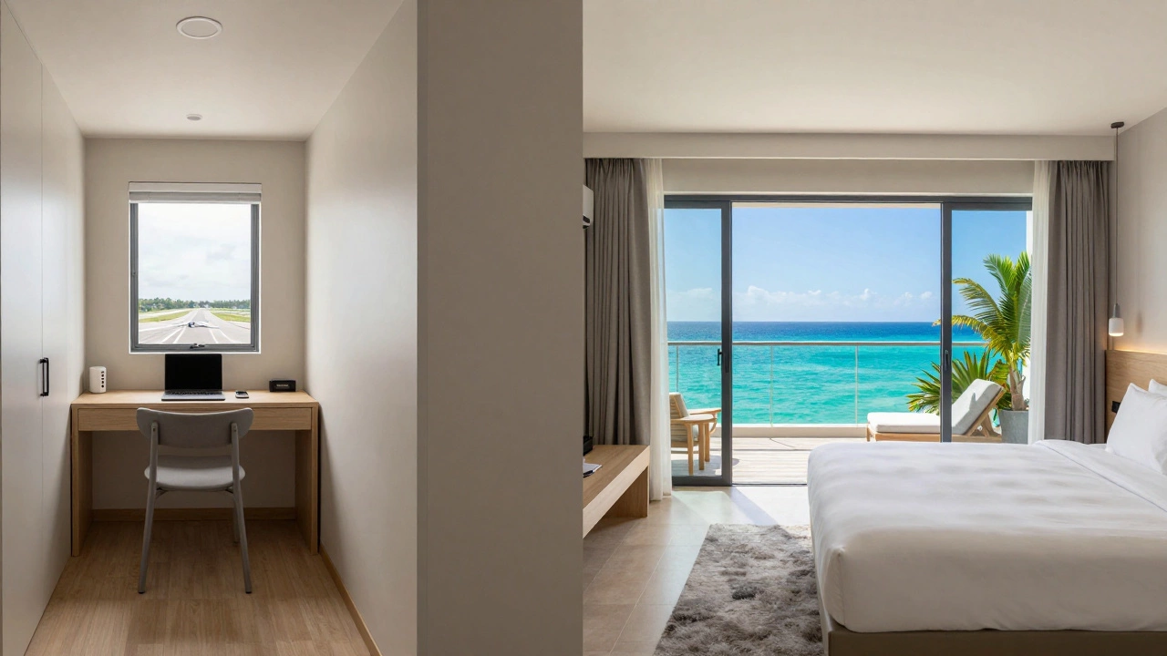 Split view comparing a functional airport hotel room with a scenic resort suite