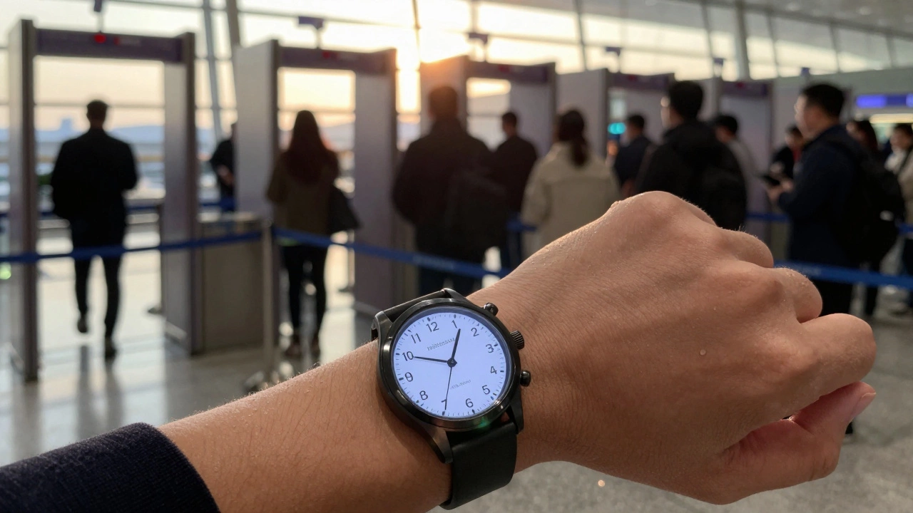 Traveler checking watch near airport security queue highlighting time pressure