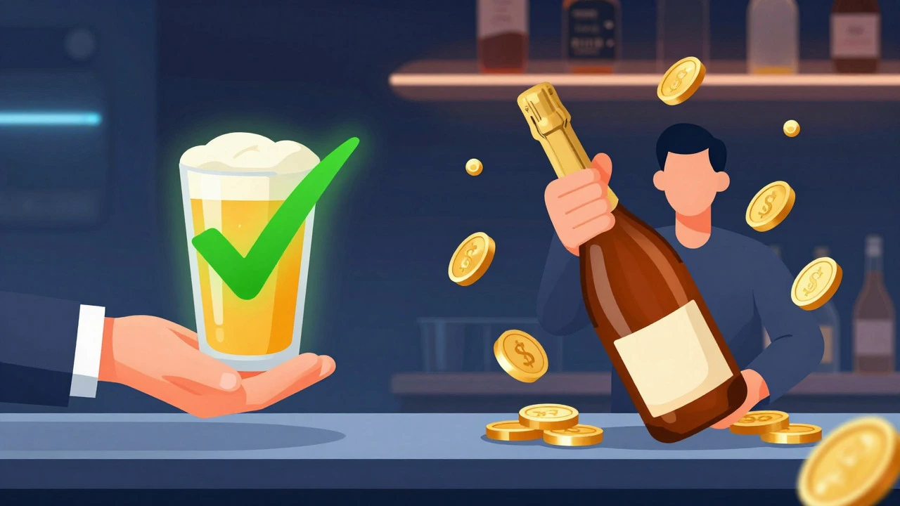 Bar scene contrasting free beer with paid premium liquor