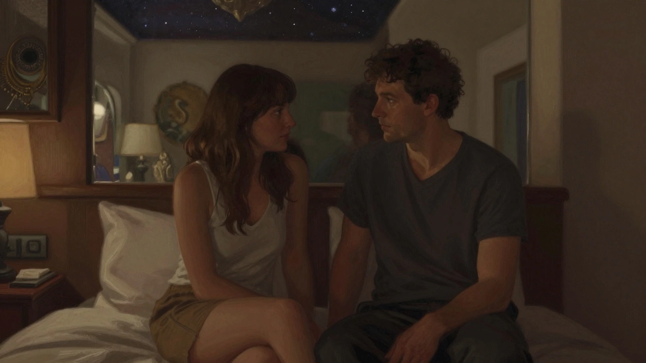 Couple talking intimately in a cozy, dimly lit hotel suite