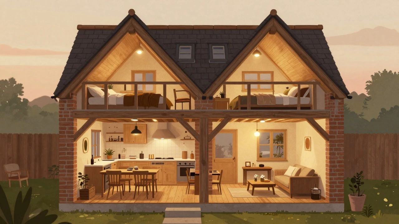 Cutaway view of two-story cottage showing ground floor living and attic bedrooms
