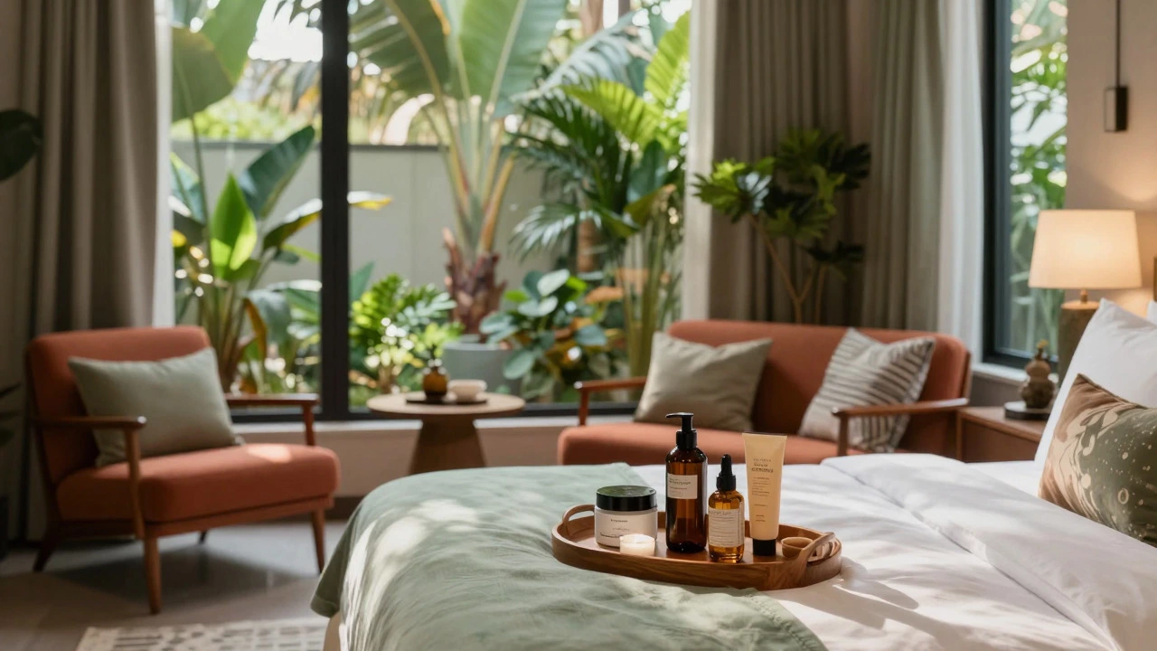 Eclectic boutique hotel room with vintage furniture and artisanal amenities.