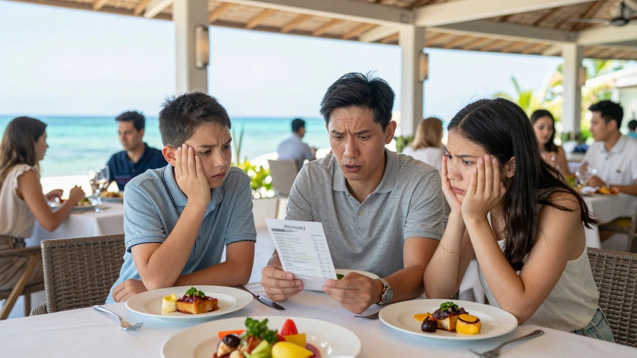 Family looking surprised at a restaurant bill