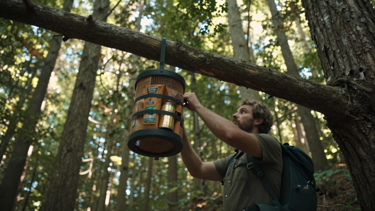 Hiker hanging bear canister from tree for safety