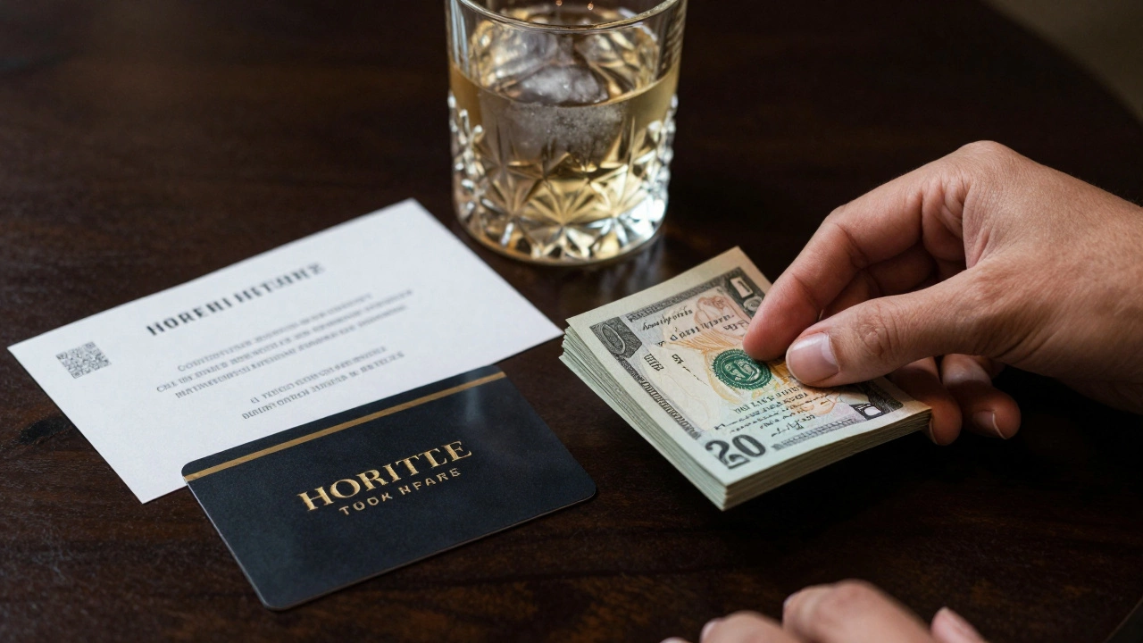 Hotel loyalty card, spa voucher, and tips on a wooden table