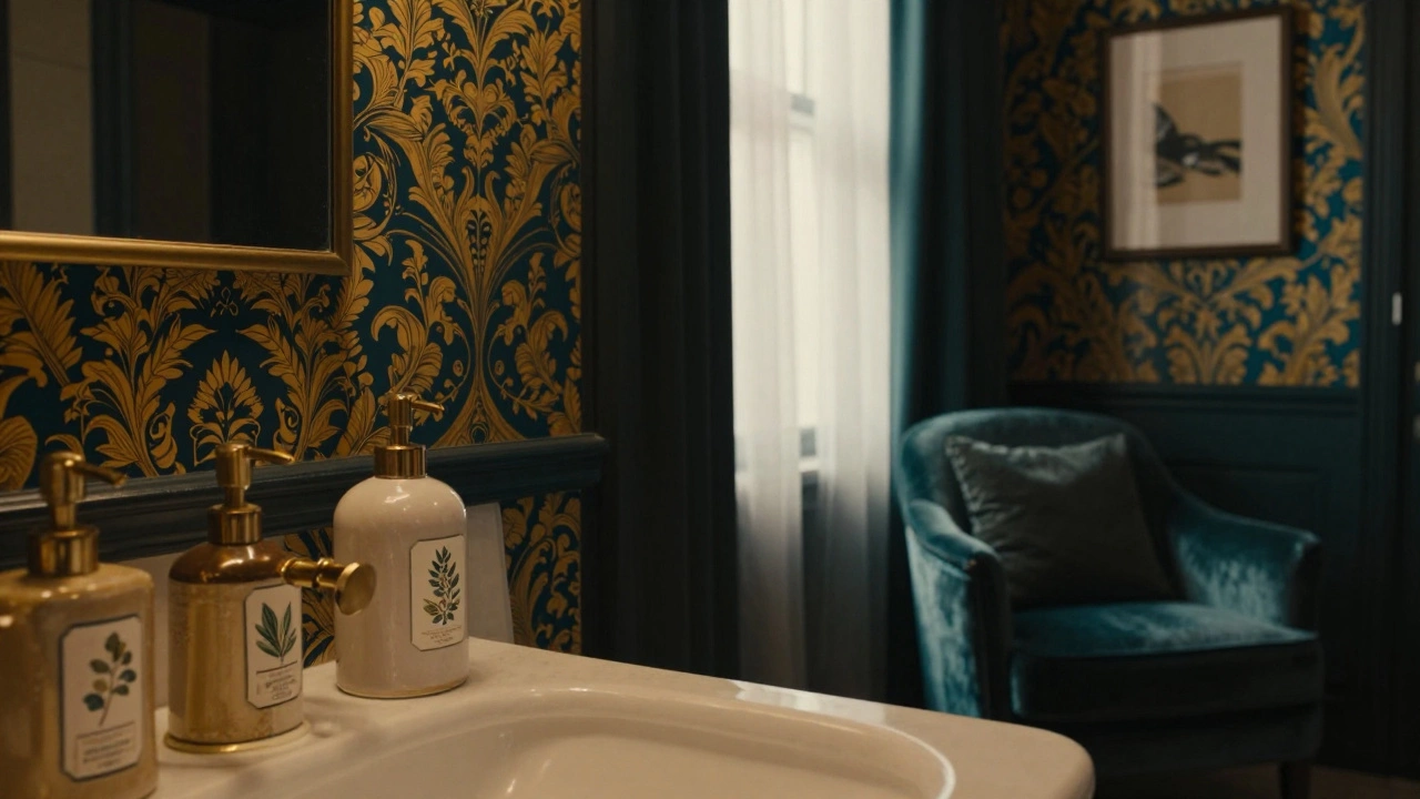 Luxurious boutique hotel interior with artisanal soaps, bold wallpaper, and warm lighting