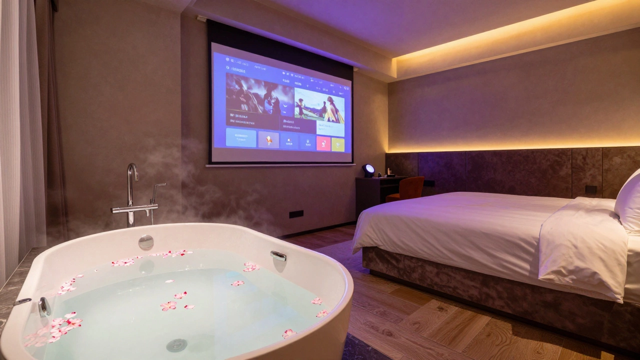 Luxurious themed hotel room with bubble bath and mood lighting