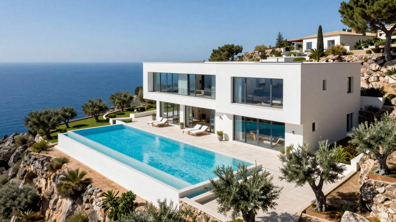Luxury white villa with infinity pool on cliff