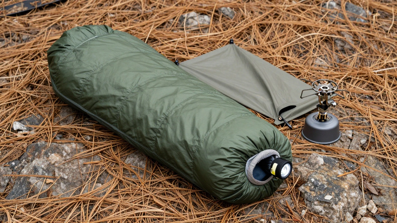 Minimalist camping gear laid out on forest ground