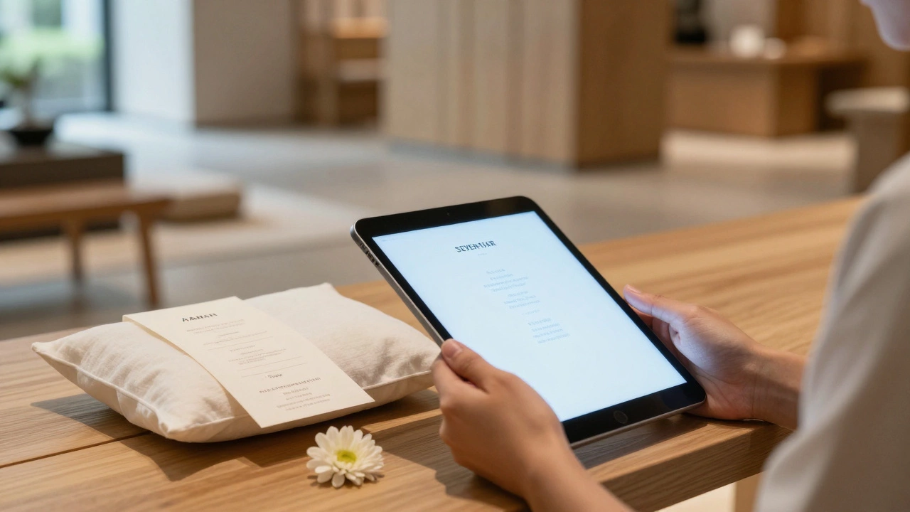 Minimalist luxury hotel setting with a tablet and pillow menu