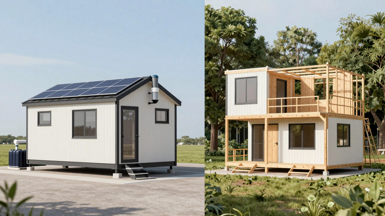 Modern sustainable cottages featuring solar panels and modular construction