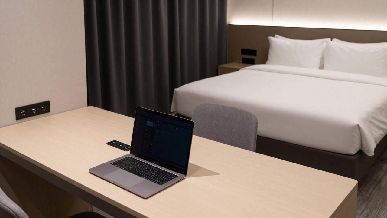 Neutral-toned business hotel room with a large work desk and blackout curtains