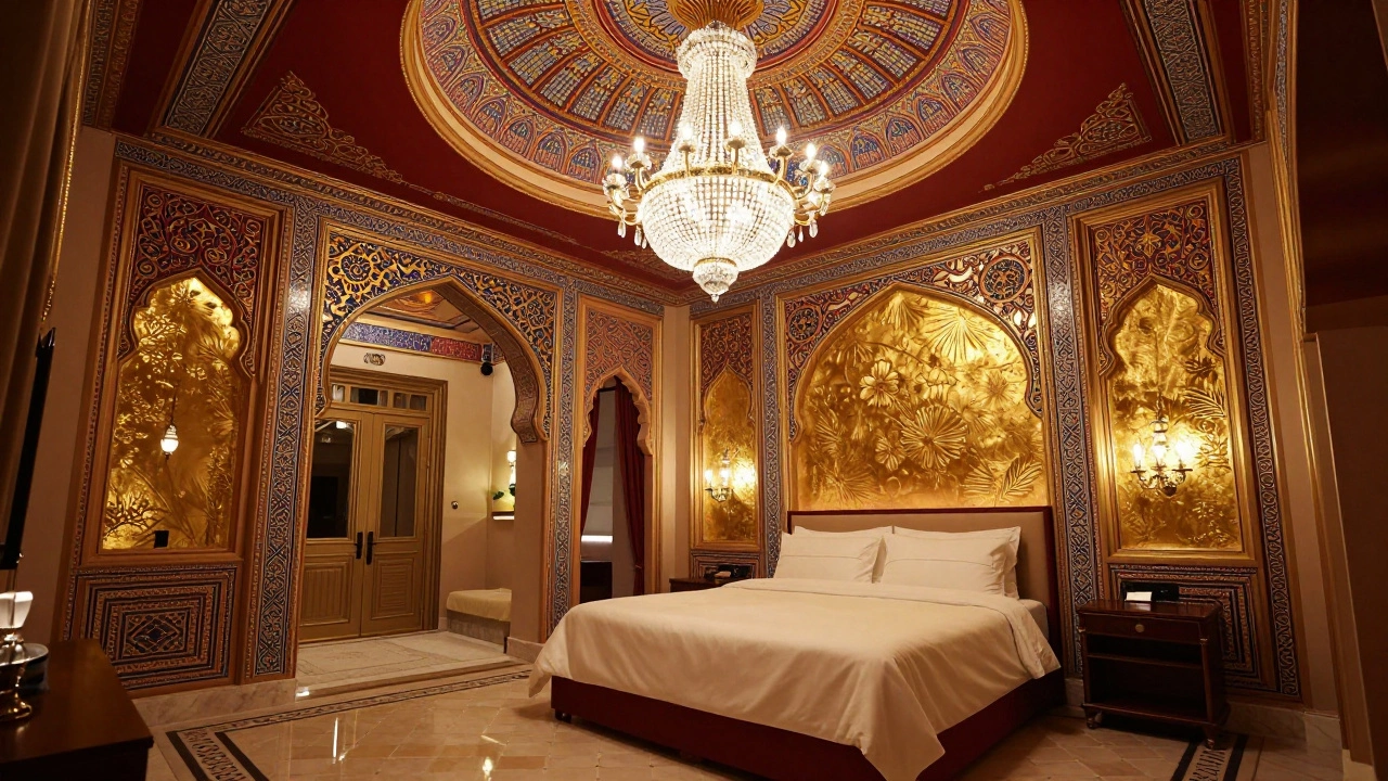 Opulent hotel interior with gold leaf, mosaics, and a large chandelier