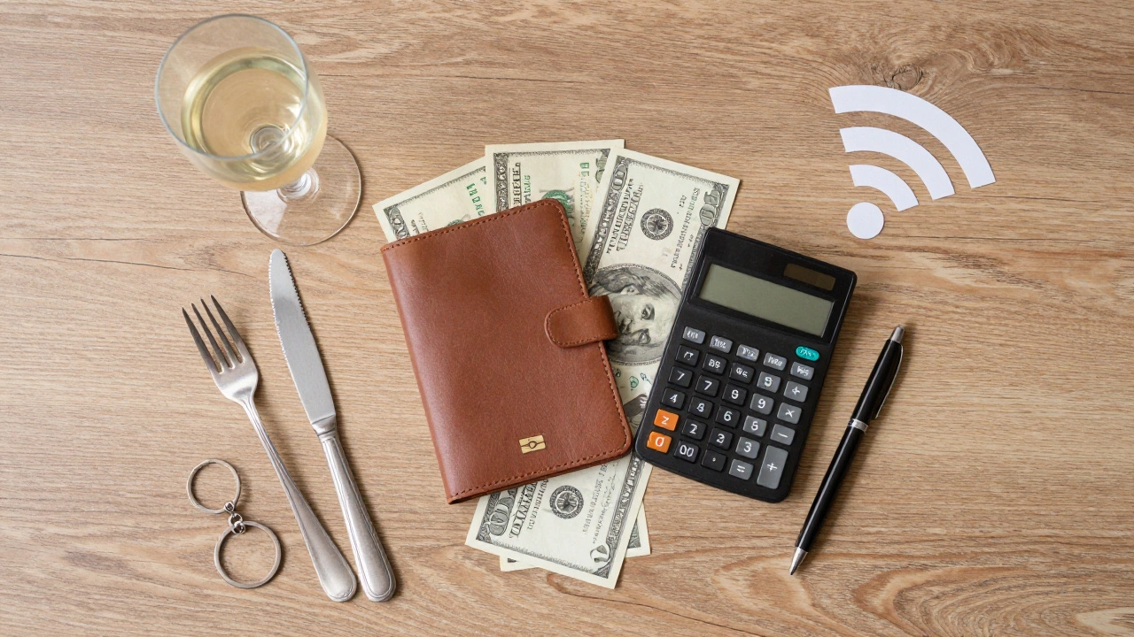 Passport, calculator, and coins on table symbolizing travel budget planning