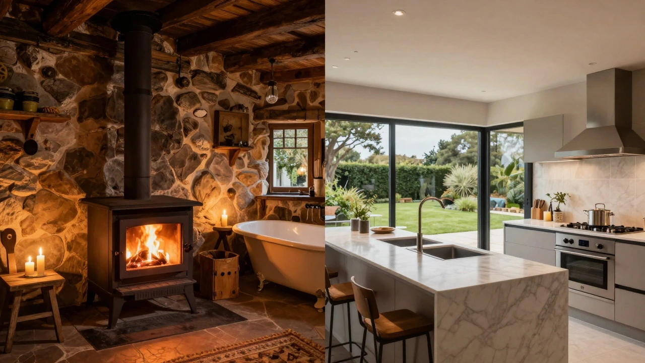 Split view of rustic cottage and modern villa interiors
