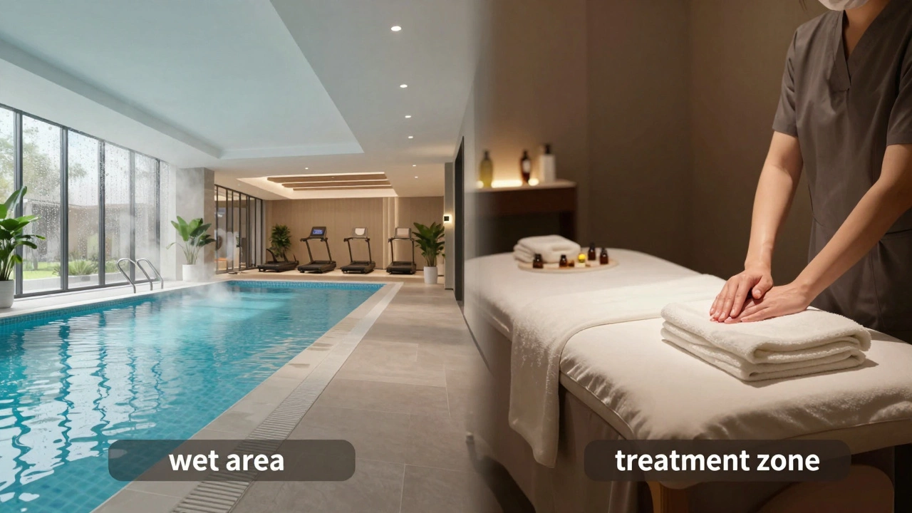 Visual comparison of free hotel pool area versus paid treatment rooms