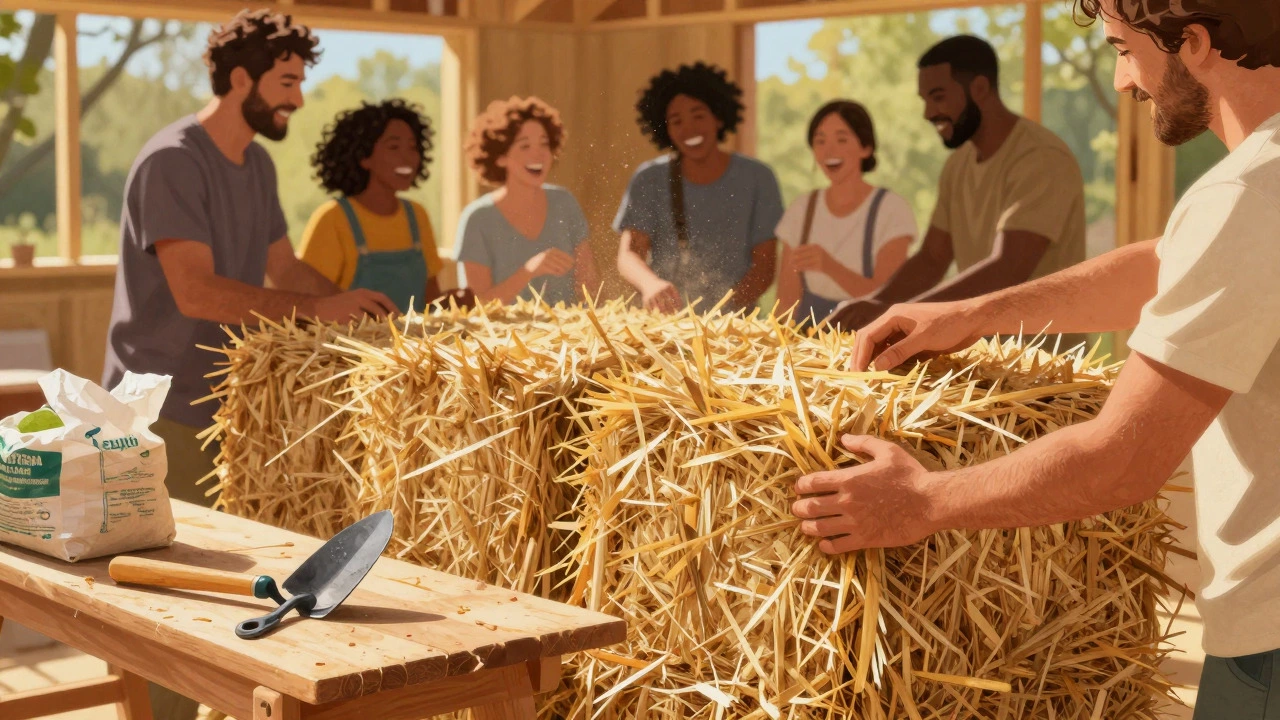 Community group stacking straw bales for DIY home construction